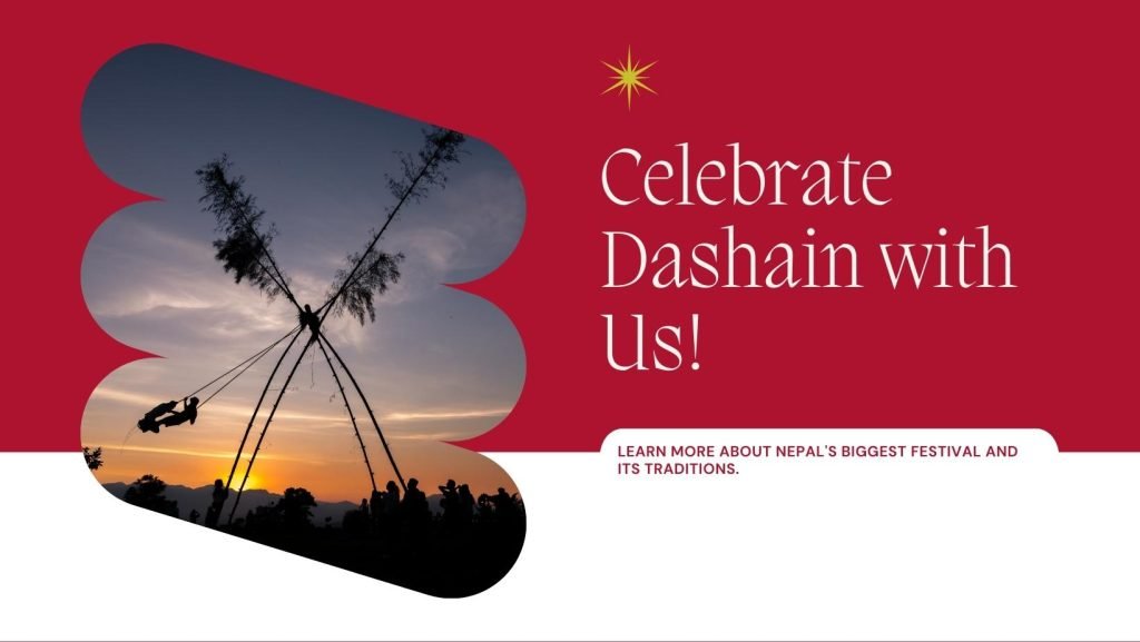 A silhouette of people playing on a traditional Nepali swing against a sunset backdrop with text "Celebrate Dashain with Us!