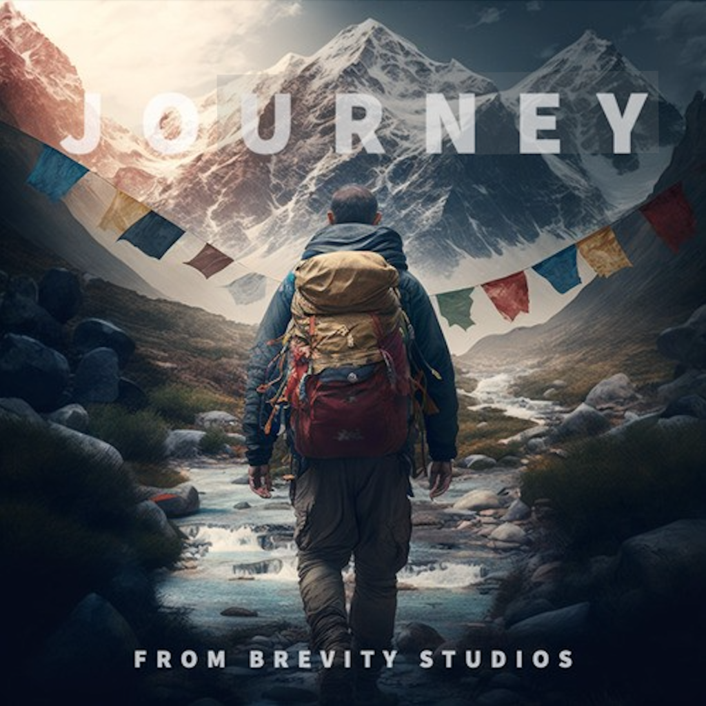 A trekker in front of snowy Himalayan peaks with colorful prayer flags, representing the podcast "JOURNEY - Everest Base Camp" by Brevity Studios.