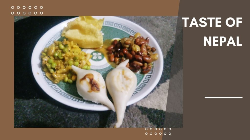 A plate of traditional Newari dishes, including Yomari dumplings, a lentil and pea curry, and a bean dish, illustrating the culinary heritage of Nepal.