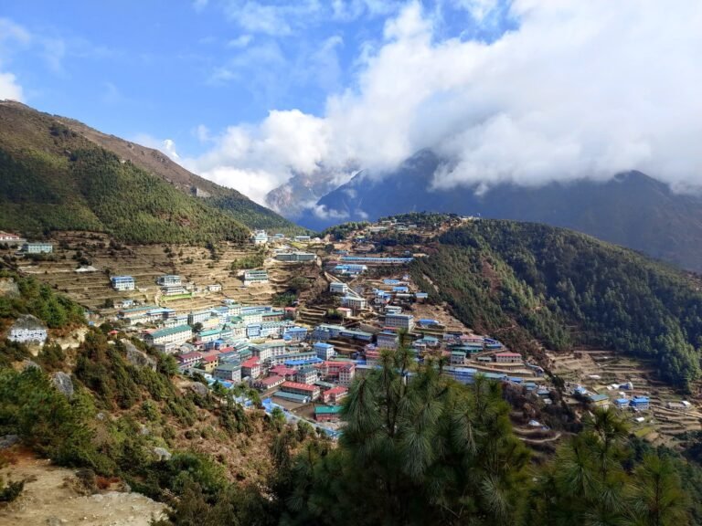 Aerial view of Namche Bazar surrounded by mountains on the Everest Base Camp trek.