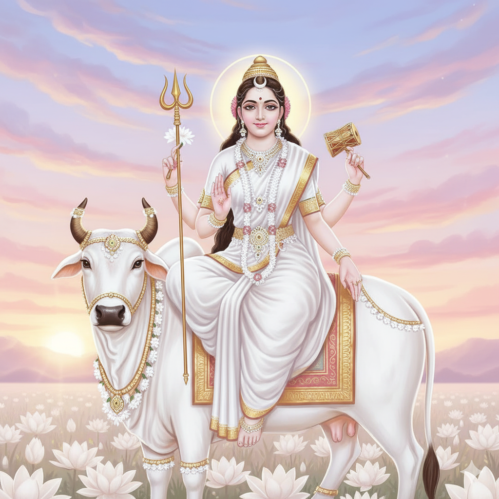 A radiant and serene depiction of Goddess Mahagauri, with a white complexion and wearing a pure white sari. She rides a white bull and has four hands, holding a trident and a drum. Her expression is calm and peaceful, set against a tranquil dawn with soft pastel colors.