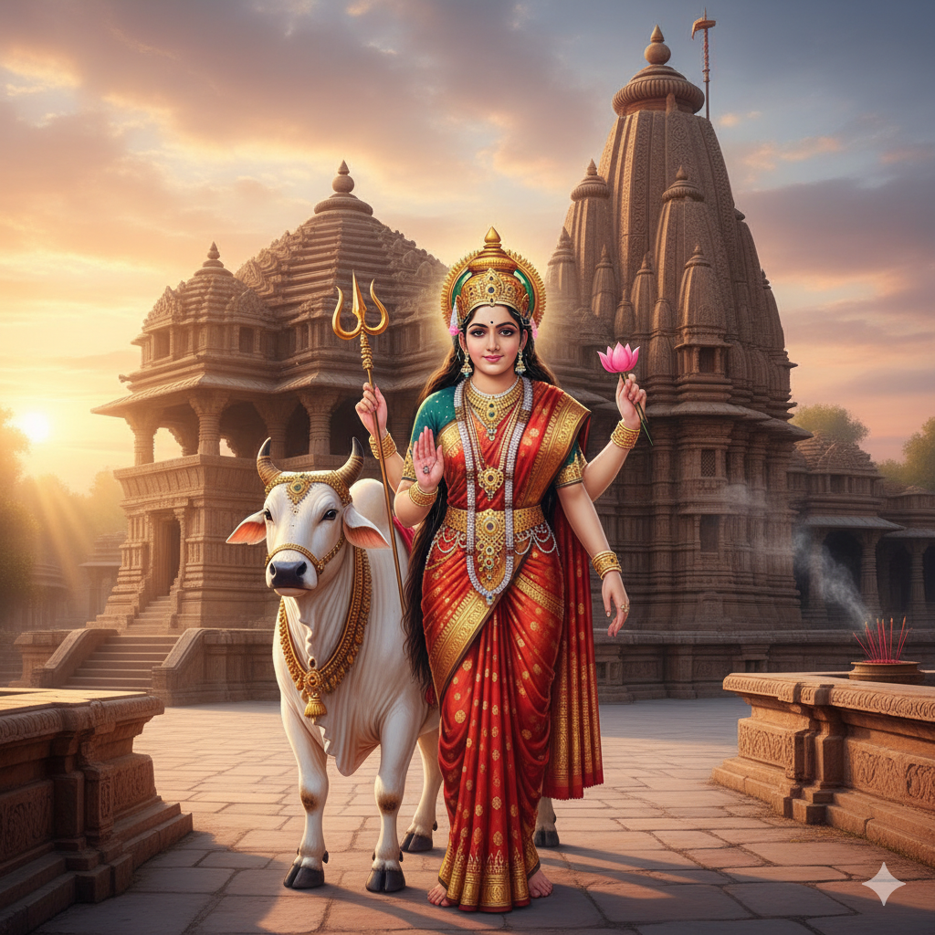A hyper-realistic, majestic depiction of Goddess Shailaputri, adorned in a red and gold sari and a golden crown, holding a trident and a lotus. She stands beside her sacred bull mount, Nandi, in front of a glowing ancient temple at sunrise.