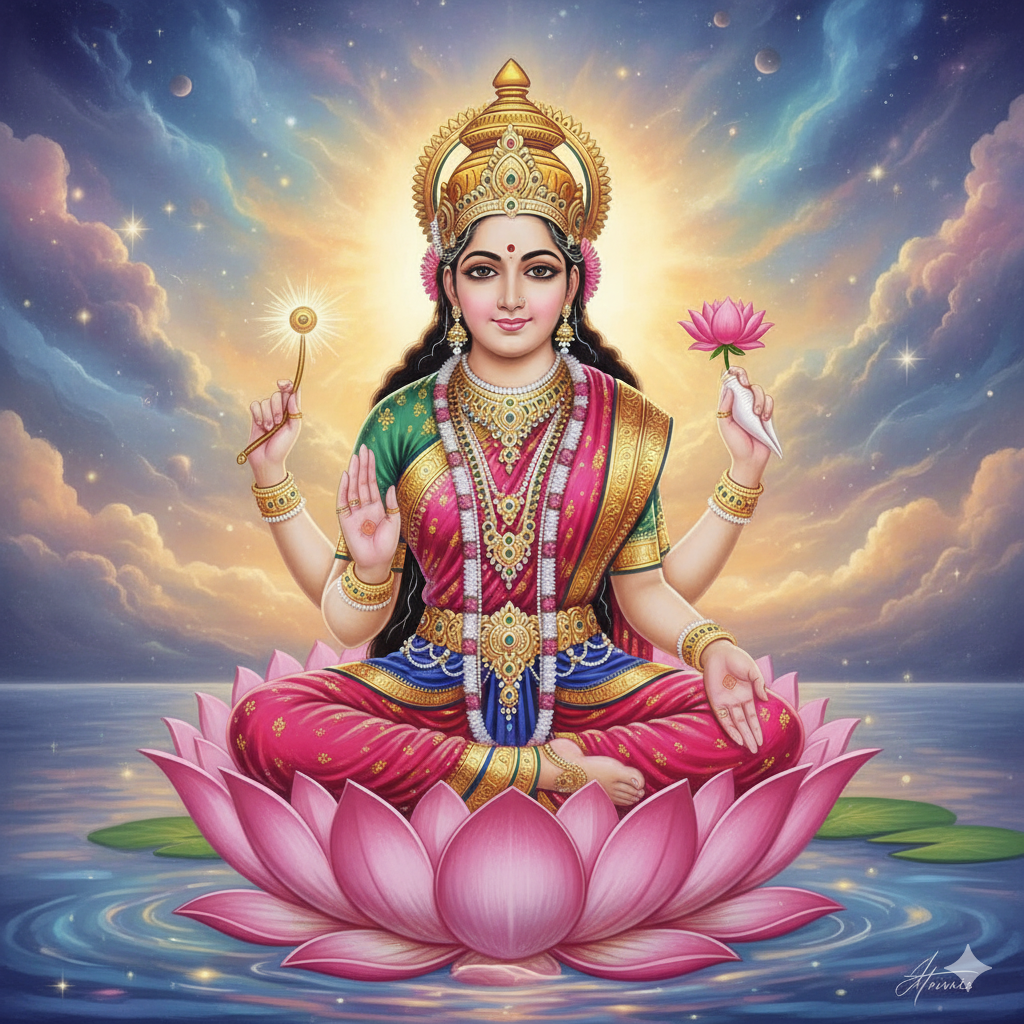 A depiction of Goddess Siddhidhatri seated gracefully on a pink lotus flower. She has four arms, holding a discus, mace, conch, and lotus. She is adorned in ornate royal garments with vibrant colors and gold jewelry, displaying a calm and blessing expression. The background features mystical skies and a glowing aura.