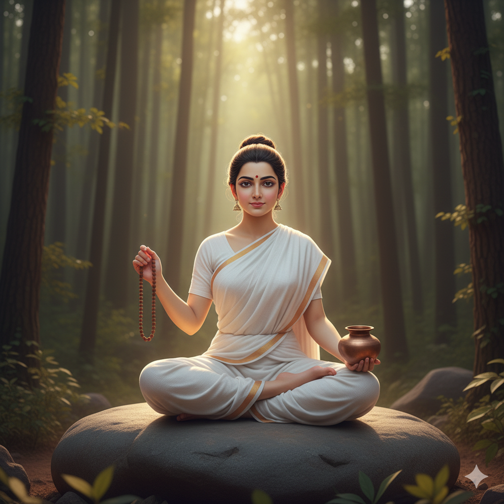 A calm and ascetic depiction of Goddess Brahmacharini with two arms, seated in a meditative posture on a rock. She holds a rosary in her right hand and a water pot in her left, wearing simple white garments. Her expression is peaceful with gentle eyes, set against a natural forest background with soft, warm lighting.
