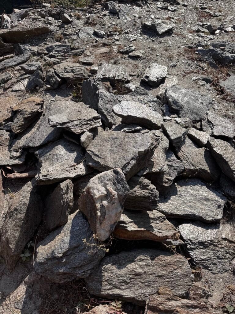 Rock debris from a landslide blocking the Manaslu Circuit Trek route in Nepal Himalaya